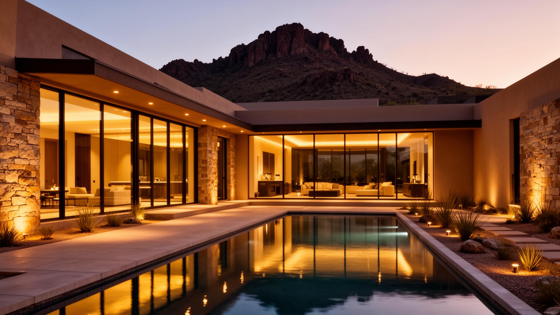 Modern luxury desert home at dusk in Paradise Valley, Arizona