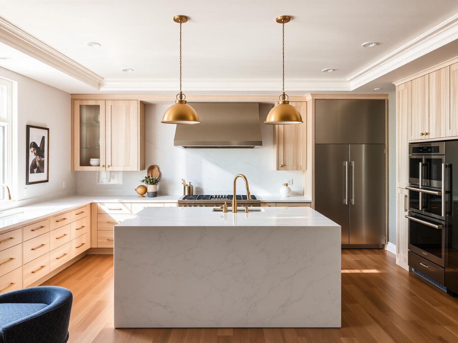 Modern kitchen with marble waterfall island and white oak cabinetry