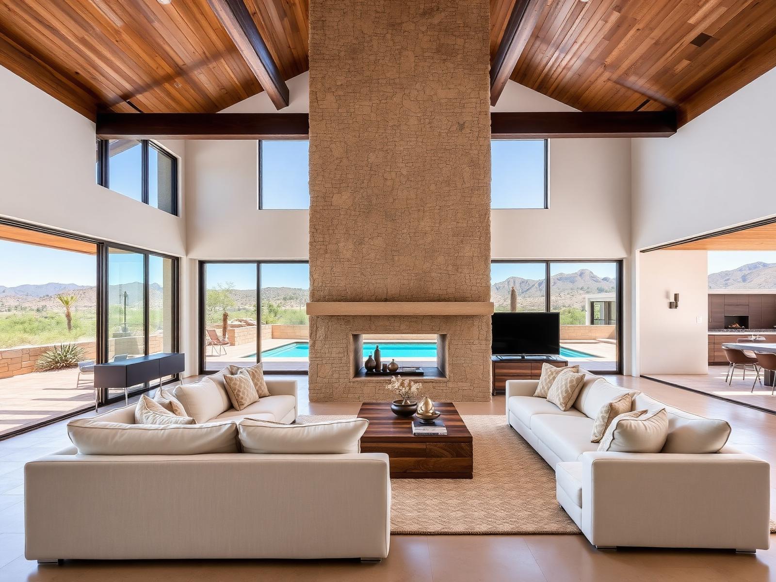 Open-plan living space with stacked-stone fireplace and mountain views