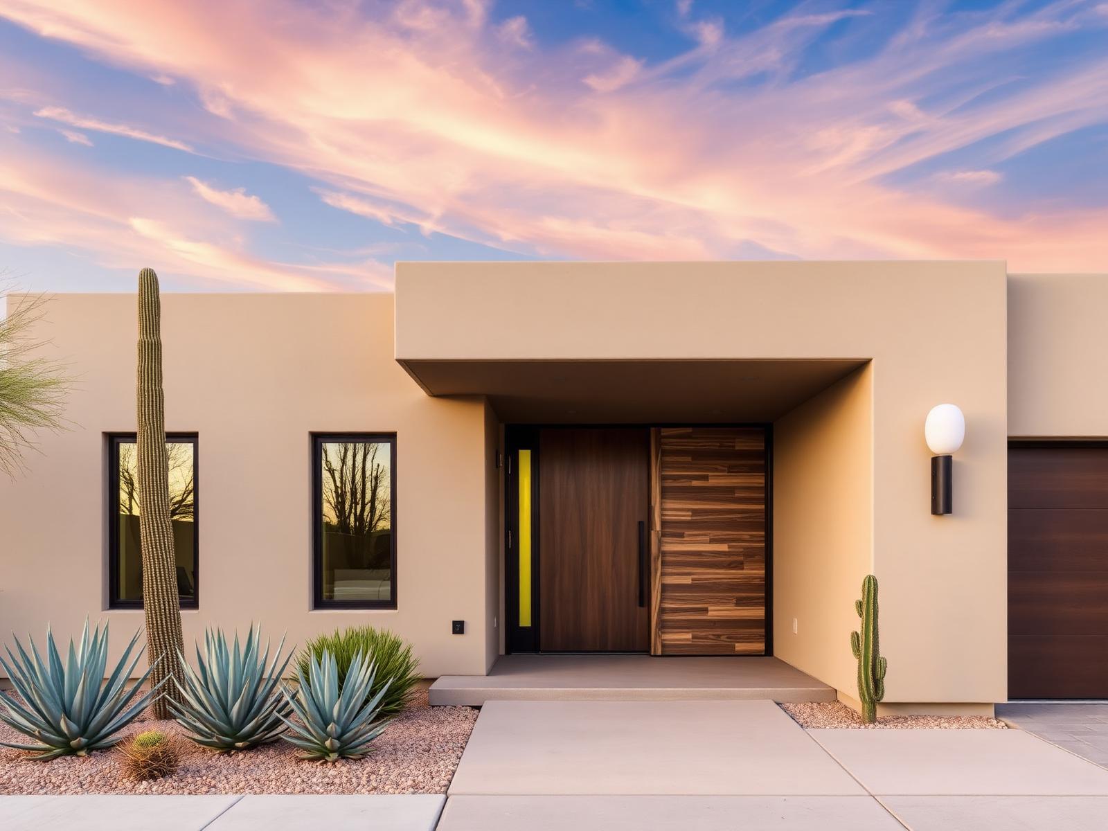 Single-story desert contemporary home with pivot front door